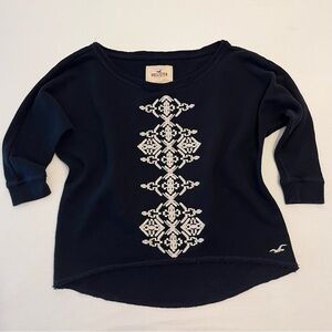 Hollister Black Fleece Top Embroidered Logo Boat Neck Asymmetric Hem Aztec Print